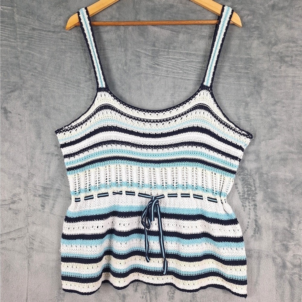 Womens Top 1X Boho Crochet‎ Knit Babydoll Beach Festival Striped Tie Waist Indie